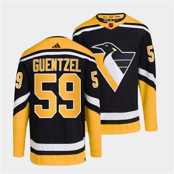 Mens Pittsburgh Penguins #59 Jake Guentzel Black 2022 Reverse Retro Stitched Jersey Dzhi